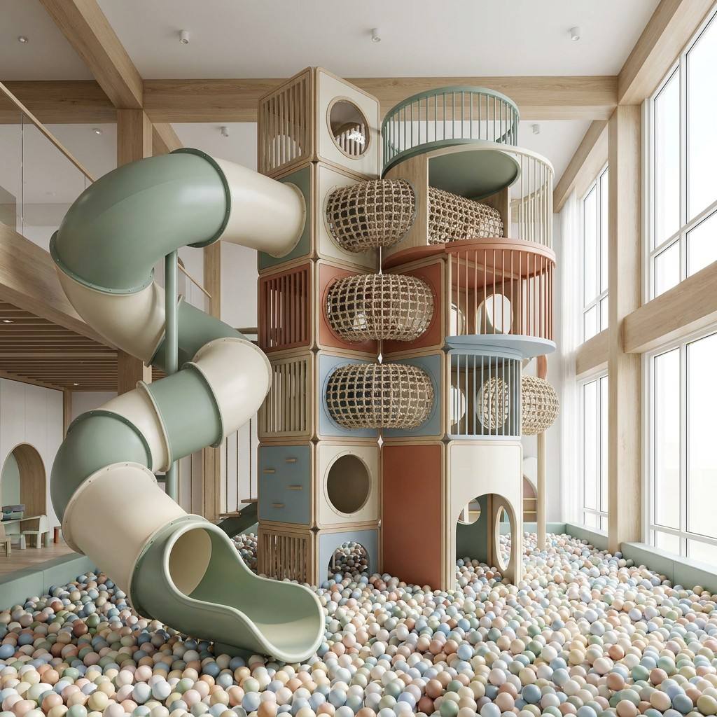 Kids Outdoor Climbing Frame - Minimalistischer Indoor-Spielplatz, Modulares Softplay, Riesige Rutschen,